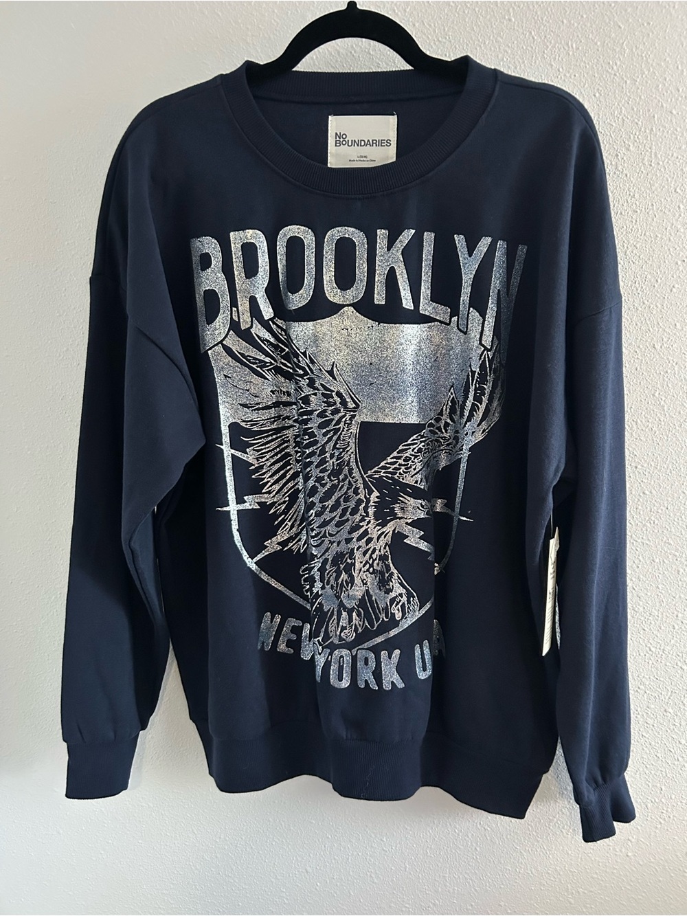 No Boundaries Men's Navy Crewneck Sweatshirt with Silver Brooklyn Graphic